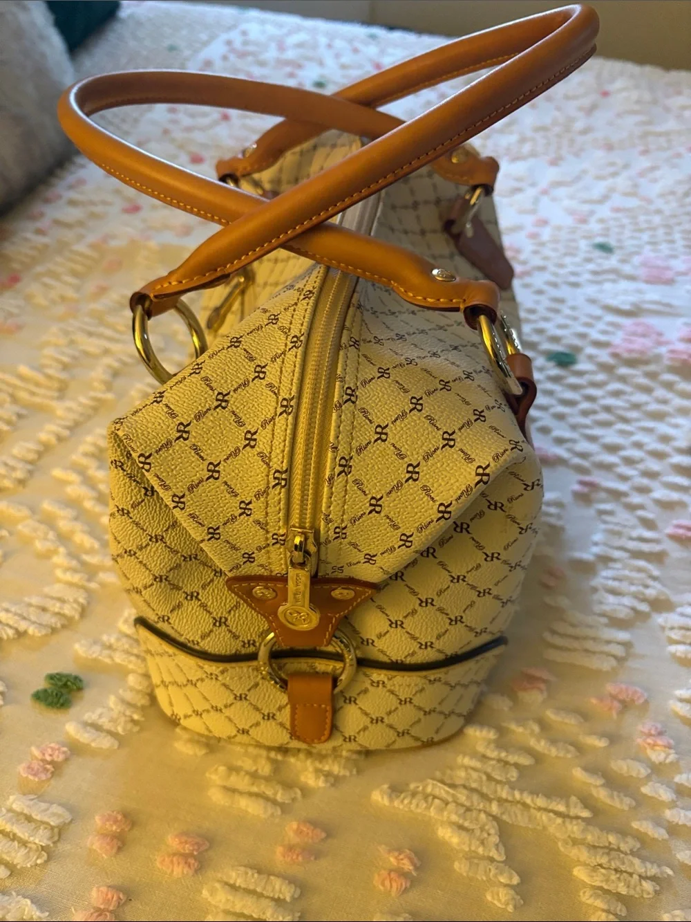 Rioni Beige Canvas Satchel with Tan Leather Trim